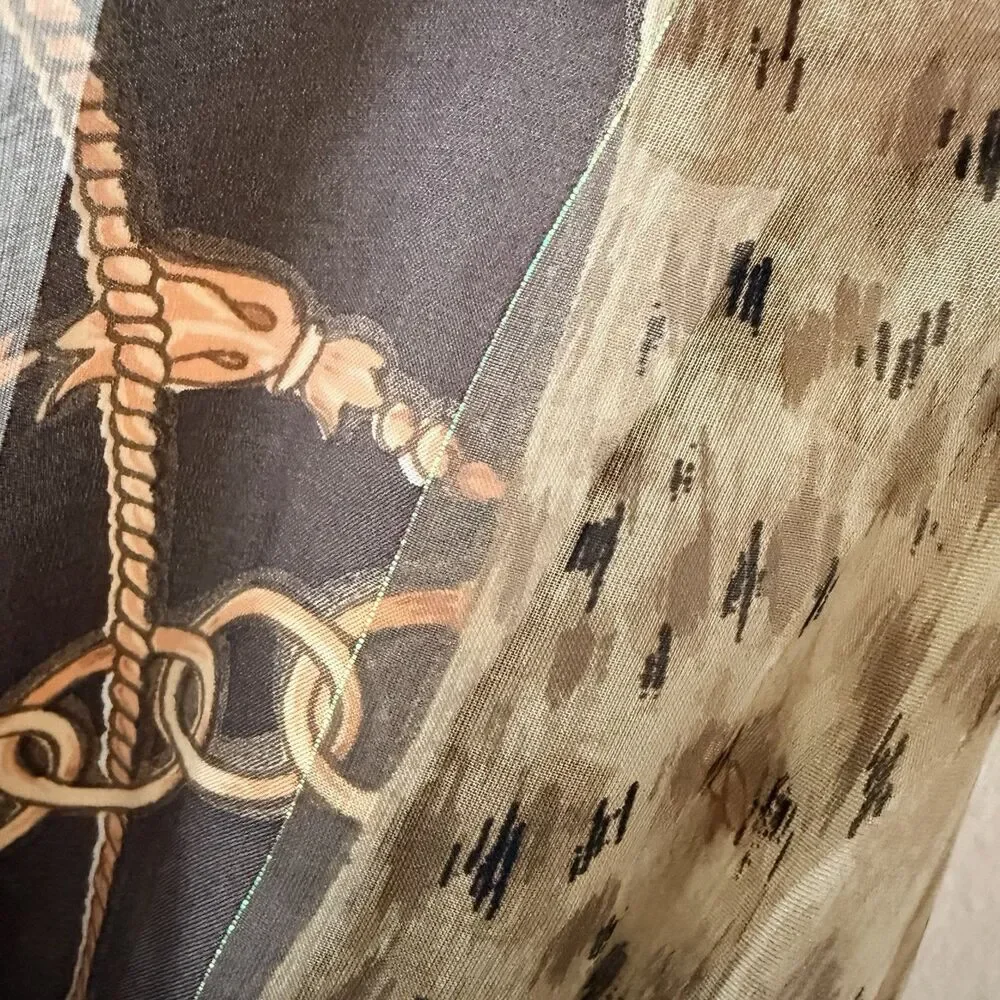 Vintage Silk Scarf Brown Gold Equestrian Chain Tassel Metallic Square 35x35